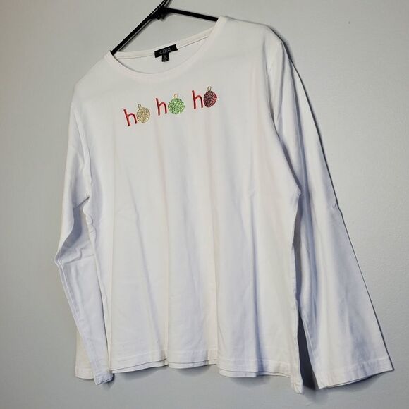 Cate XL Long Sleeve Shiry White Christmas Santa Ho Ho Ho Rhinestone Embellished - Picture 1 of 9